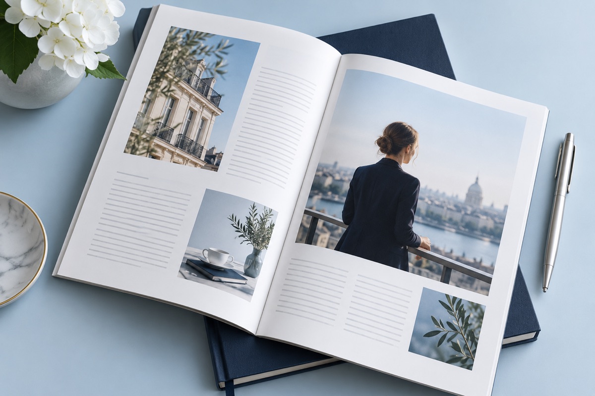 An open magazine with an editorial feature layout