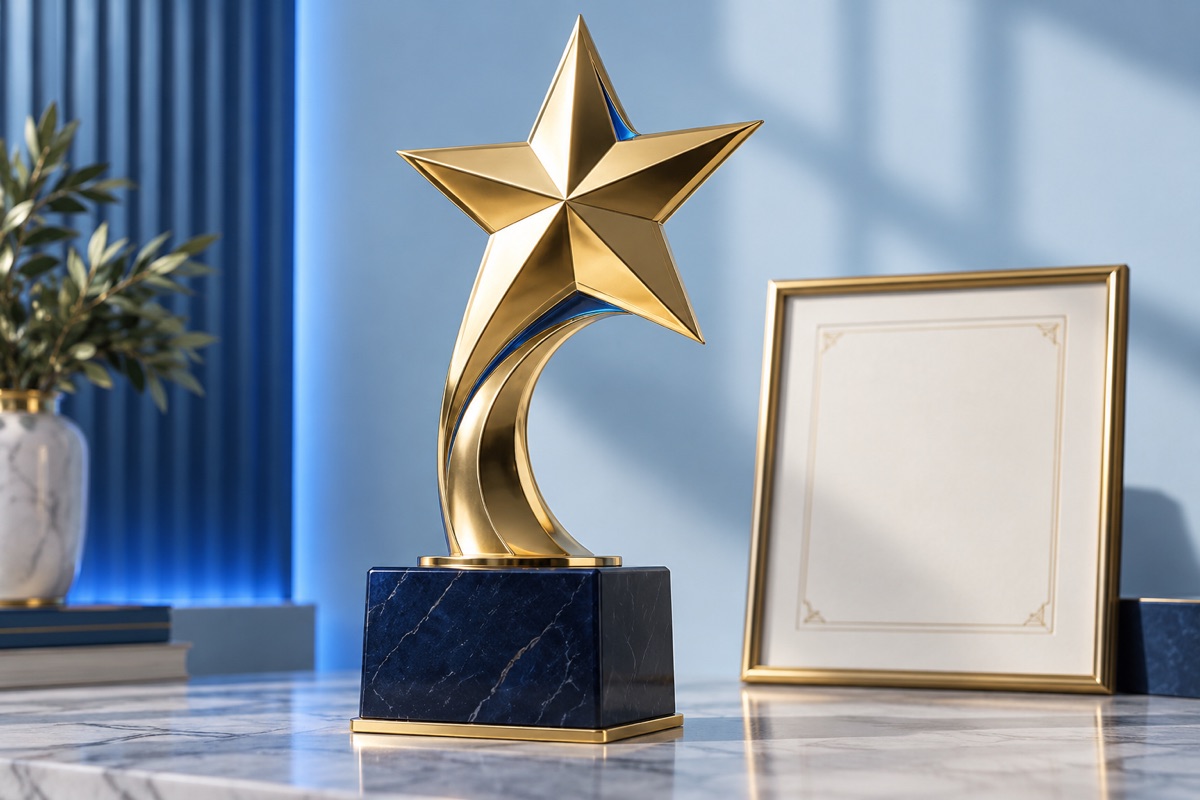 Illustrative gold award trophy beside a certificate