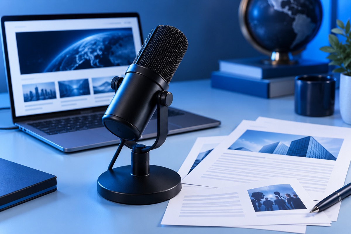Broadcast microphone beside a laptop and press materials